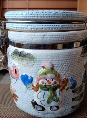 Ceramic Snowman Cookie Jar - White with Green & Blue Accents